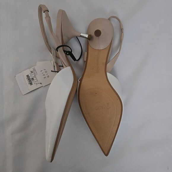 Zara Metal Trim White Pointed Toe Beige Slingback Kitten Heels Size 39/US-8 NWT - Picture 9 of 11